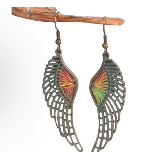 Bohemian Feather Wing Colored Beads And Green Patina On Brass Earrings - Picture 1 of 12